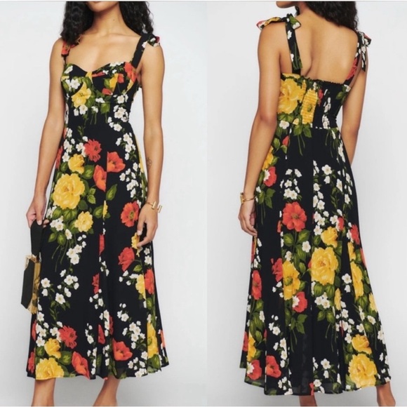 Reformation Nadira Midi Dress Louisa Floral Tie Straps Size 8 Black Vacay Beachy - Picture 2 of 15